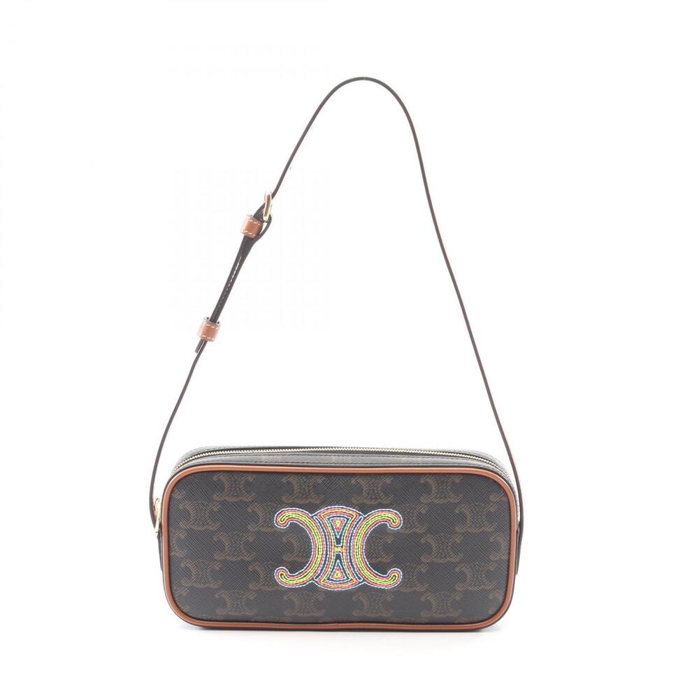 Celine Cuir Triomphe Camera Bag Shoulder Canvas Leather Black Brown